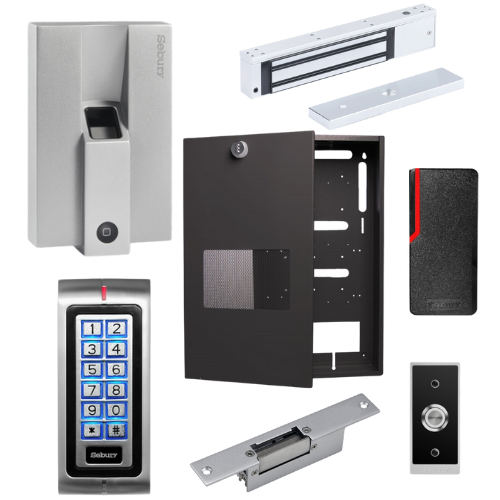 Access control keypad, reader, magnetic lock, electric strike and exit button